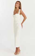 Kenna Midi Dress - Gathered Bust Tucked Waist Dress in Off White