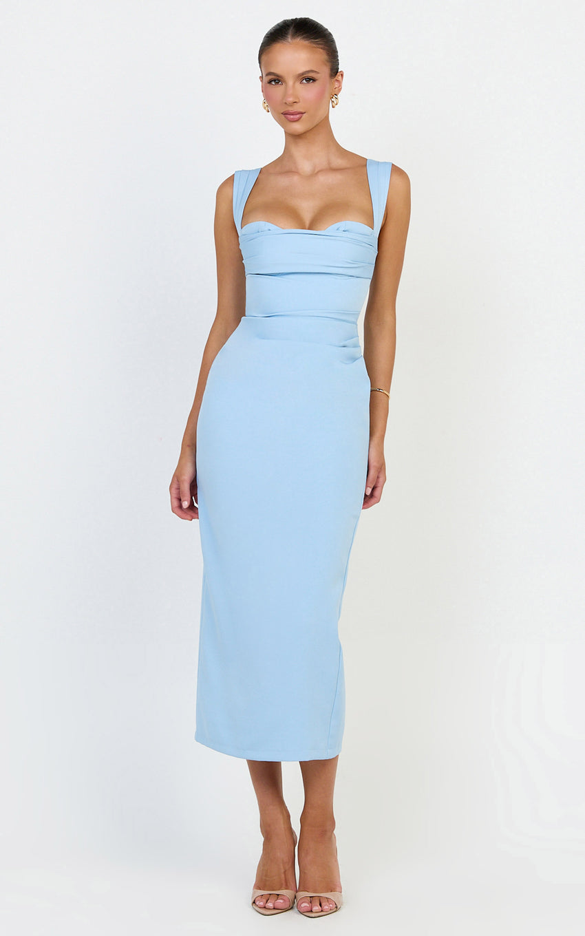 Kenna Midi Dress - Gathered Bust Tucked Waist Dress in Pale Blue