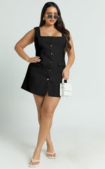 Kenna Mini Dress - Square Neck Button Down Mini Dress in Black