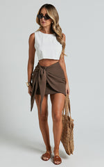 Kerzi Mini Skirt - Tie Front Wrap Skirt in Dark Brown