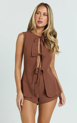 Keyla Two Piece Set - Tie Front Top and Mini Shorts in Chocolate