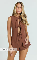 Keyla Two Piece Set - Tie Front Top and Mini Shorts in Chocolate