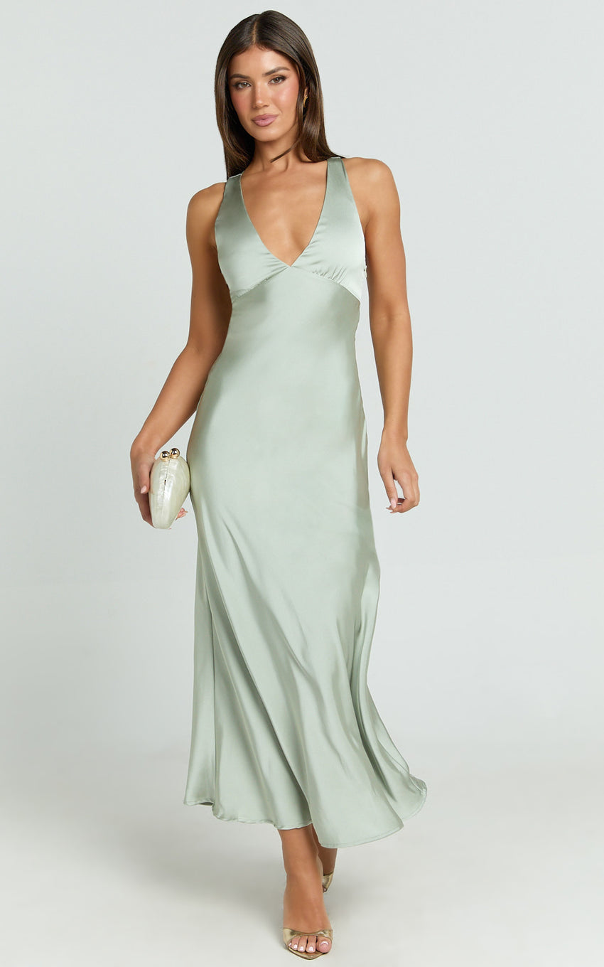 Khalani Maxi Dress - Deep V Neck Satin Slip Dress in Sage