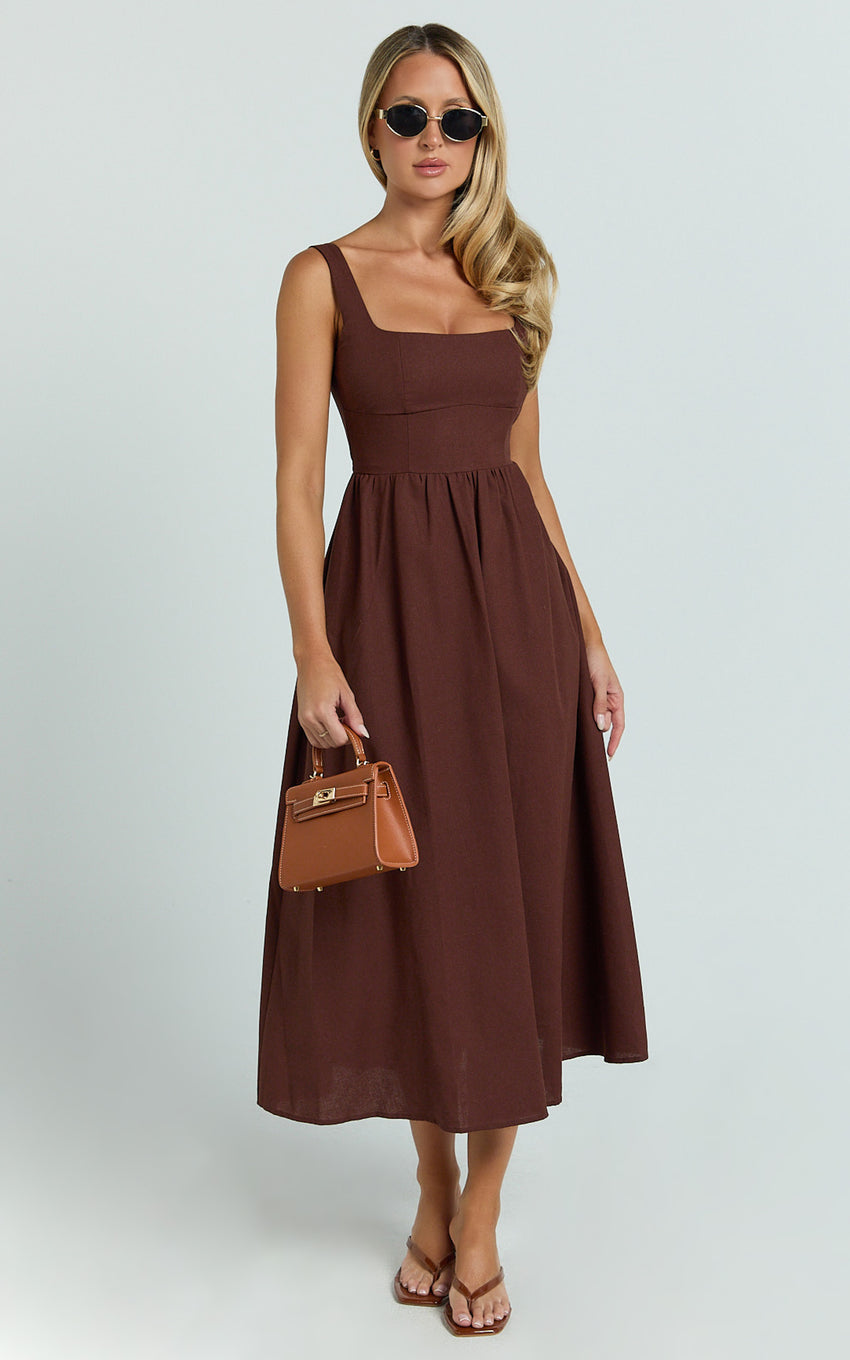 Khari Midi Dress - Linen Look Square A Line Dress in Chocolate