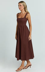 Khari Midi Dress - Linen Look Square A Line Dress in Chocolate