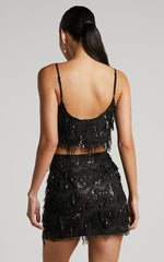 Khrizza Top - Sequin Diamond Mesh Cropped Cami Top in Black