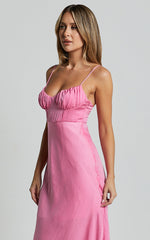 Krysta Midi Dress - Sweetheart Ruched Bust Slip Dress in Pink