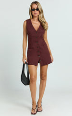 Kyla Mini Dress - V Neck Button Up Linen Vest Dress in Chocolate