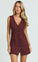Kyla Mini Dress - V Neck Button Up Linen Vest Dress in Chocolate