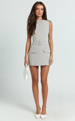 Landon Playsuit - Belted Boat Neck Tailored Playsuit in Light Grey