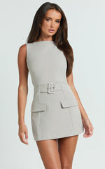 Landon Playsuit - Belted Boat Neck Tailored Playsuit in Light Grey