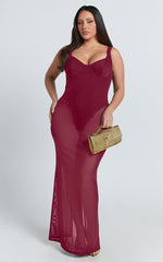 Laney Maxi Dress - Mesh Sweetheart Neck Bodycon Dress in Wine