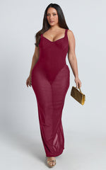 Laney Maxi Dress - Mesh Sweetheart Neck Bodycon Dress in Wine