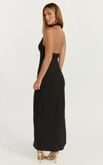 Lani Midi Dress - Scooped Neckline Draped Skirt Halter Dress in Black