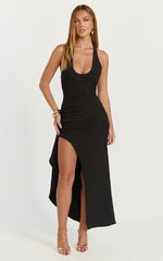 Lani Midi Dress - Scooped Neckline Draped Skirt Halter Dress in Black