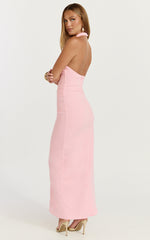 Lani Midi Dress - Scooped Neckline Draped Skirt Halter Dress in Pink