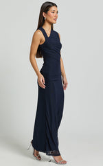 Lara Midi Dress - Asymmetrical Ruched Mesh Dress in Ink