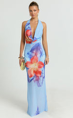 Larissa Maxi Dress - Mesh Low Cowl Halter Neck Bodycon Dress in Electric Orchid