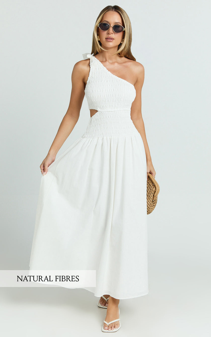 Larose Midi Dress - One Shoulder Tie Side Cut Out Dress Fit and Flare Dress in White