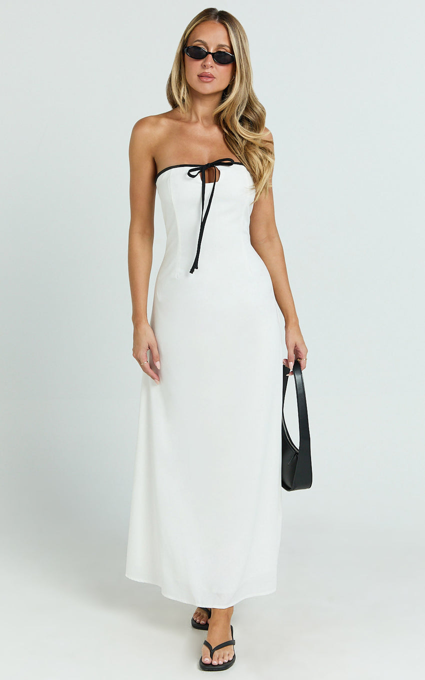 Lashara Midi Linen Blend Dress - Strapless Contrast Dress in White