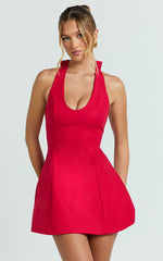 Lauren Mini Dress  - Halter Scoop Neck Dress in Red