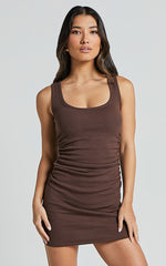 Leah Mini Dress - Ribbed Scoop Neck Side Ruched Dress in Chocolate