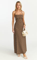 Leighton Midi Dress - Cross Over Spaghetti Straps Square Neck A Line Dress in Choc/Cream Polka Dot