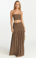 Leighton Two Piece Top and Skirt Set - Crop Top  And Maxi Skirt in Choc/Cream Polka Dot