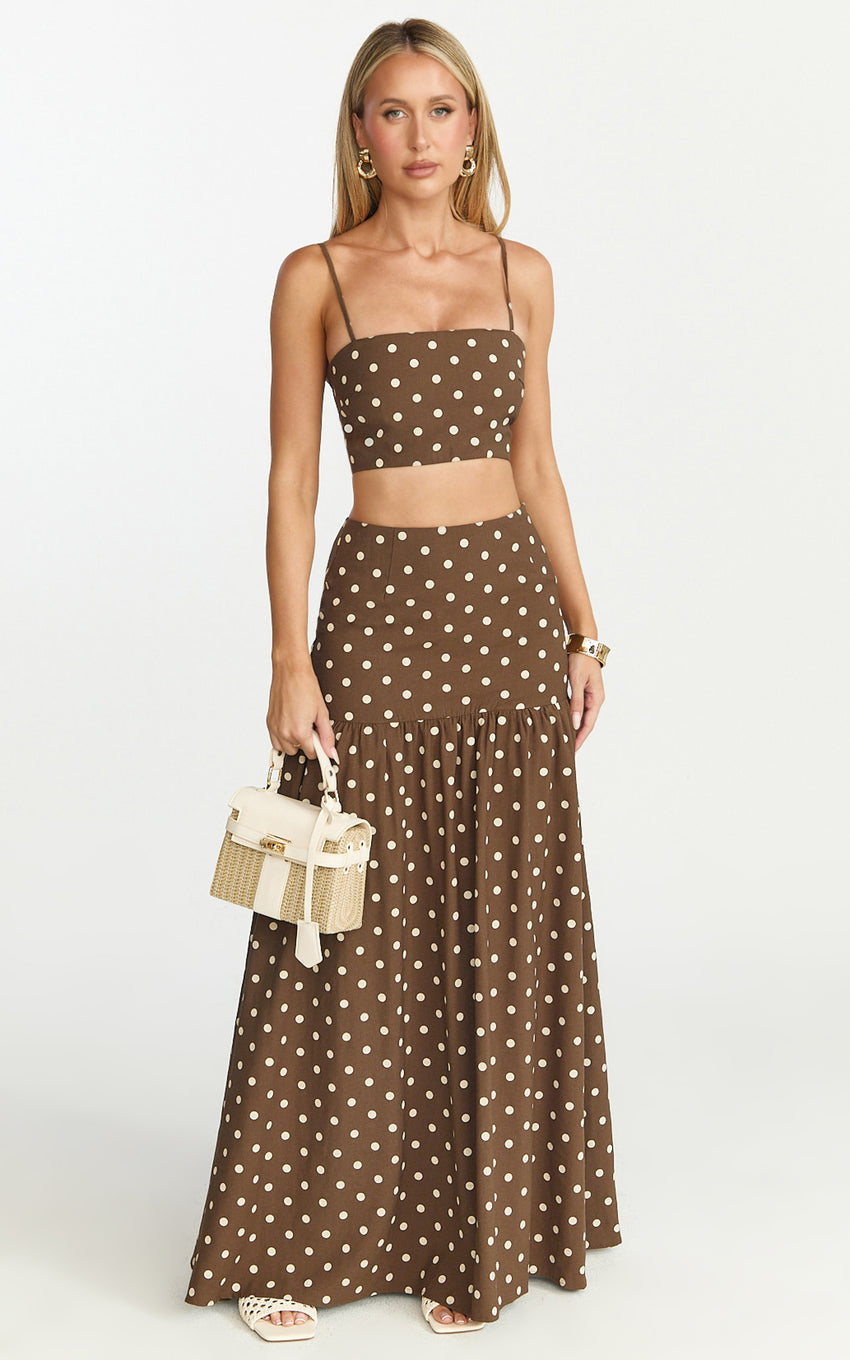 Leighton Two Piece Top and Skirt Set - Crop Top  And Maxi Skirt in Choc/Cream Polka Dot