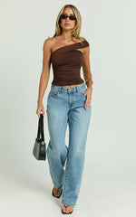 Lennox Top - Asymmetrical Gathered Shoulder Jersey Top in Chocolate