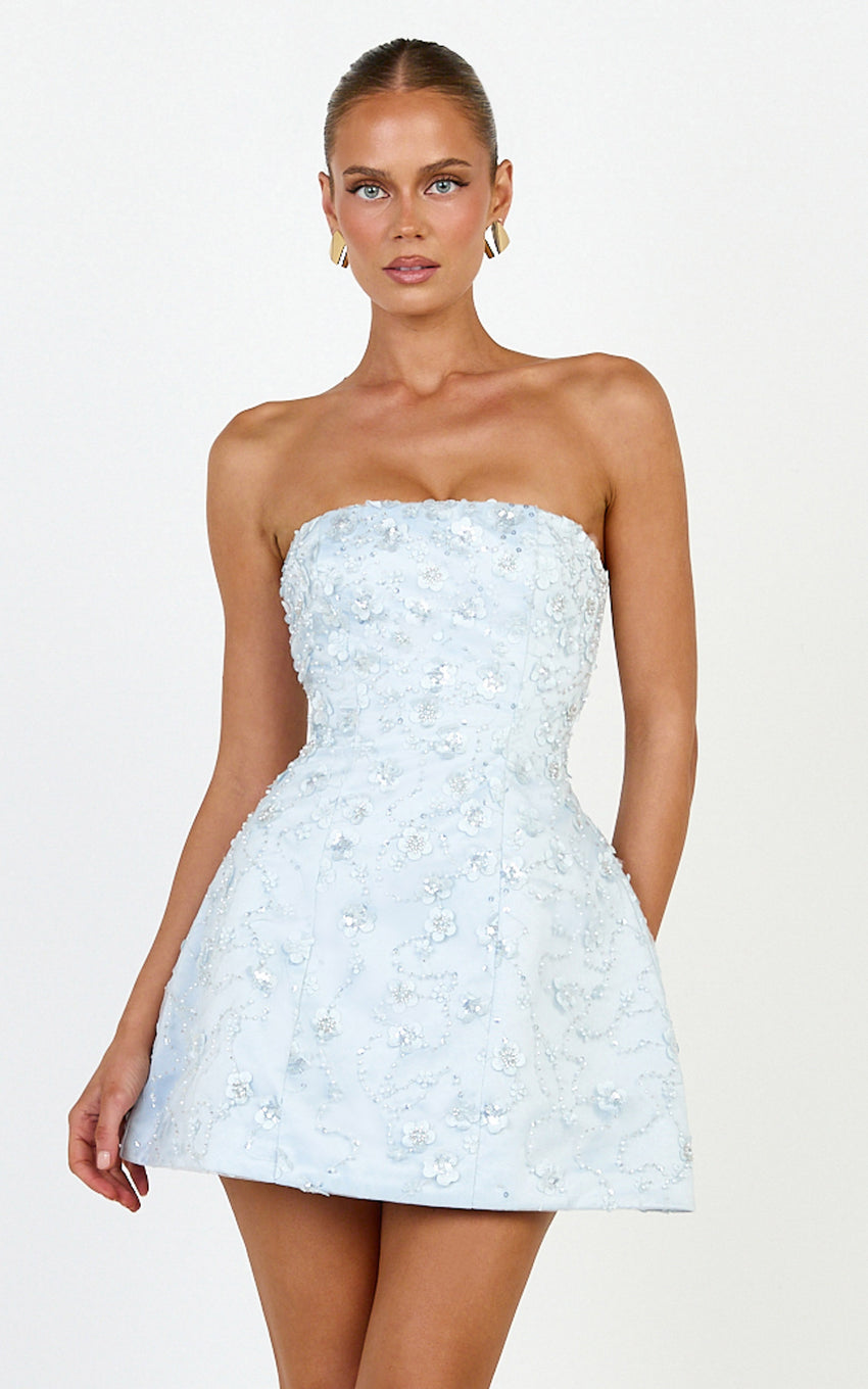 Leona Mini Dress - Strapless Sequin Tulip Dress in Baby Blue