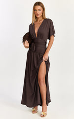 Liana Maxi Dress - Wide Sleeve Tie Waist Maxi Dress in Chocolate