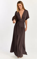 Liana Maxi Dress - Wide Sleeve Tie Waist Maxi Dress in Chocolate