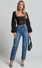 Lincy Bodysuit - Puff Long Sleeve Mesh Waist Detail Bodysuit in Black