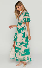 Lindey Midi Dress - Side Cut Plunge Neck Puff Sleeve Dress in Green and Cream Geo