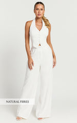 Linette Jumpsuit - Halter Neck Button Through Vest Tailored Wide Leg Jumpsuit in White