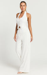 Linette Jumpsuit - Halter Neck Button Through Vest Tailored Wide Leg Jumpsuit in White