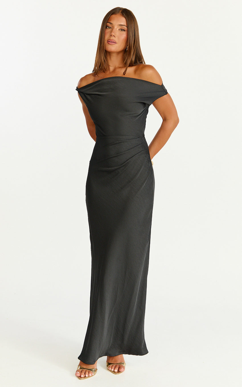 Lira Maxi Dress - One Shoulder Satin Dress in Black