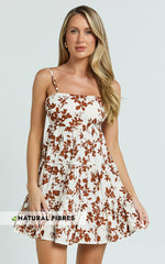 Lorelle Mini Dress - Straight Neck Tiered Dress in Shadow Floral