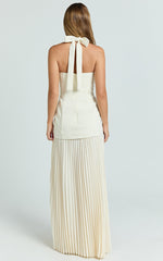 Loretta Maxi Dress - Contrast Halter Neck Pleated Dress in Pastel Yellow