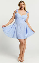 Lorreta Mini Dress - Tie Shoulder Sweetheart Dress in Dusty Blue Floral