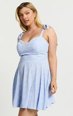 Lorreta Mini Dress - Tie Shoulder Sweetheart Dress in Dusty Blue Floral