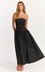 Louisa Midi Dress - Strapless Side Ruched Dropped Waist Fit And Flare Dress in Black