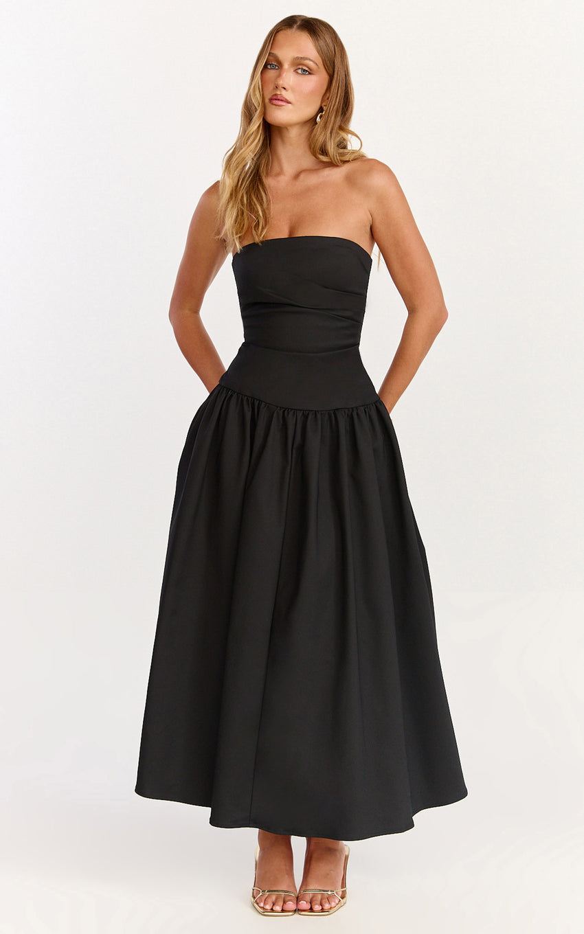 Louisa Midi Dress - Strapless Side Ruched Dropped Waist Fit And Flare Dress in Black
