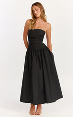 Louisa Midi Dress - Strapless Side Ruched Dropped Waist Fit And Flare Dress in Black