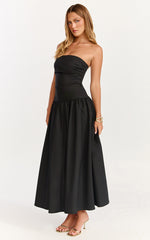 Louisa Midi Dress - Strapless Side Ruched Dropped Waist Fit And Flare Dress in Black