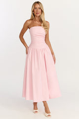 Louisa Midi Dress - Strapless Side Ruched Dropped Waist Fit And Flare Dress in Pink