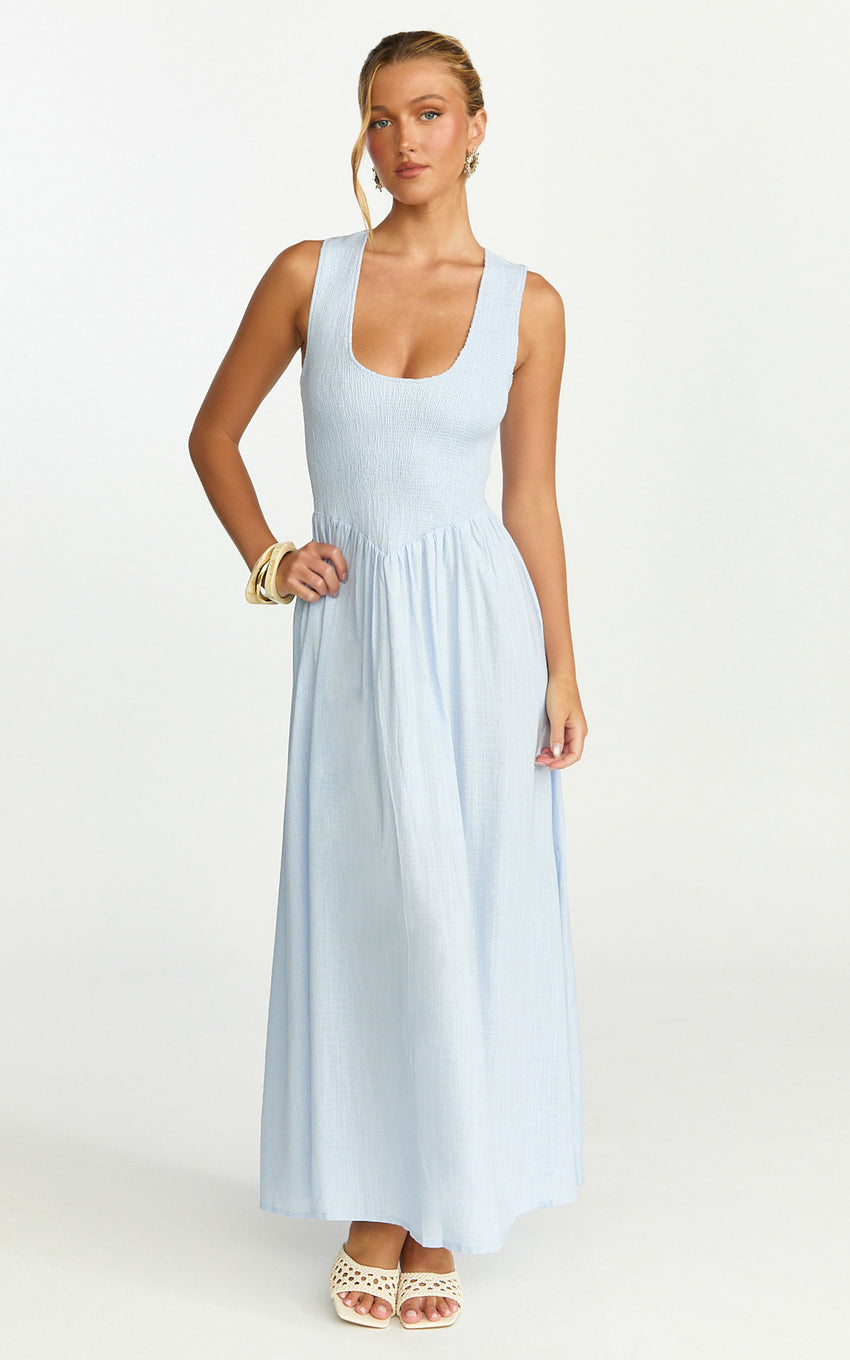 Luciana Maxi Dress - U Neck Smock Dress in Blue