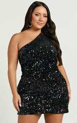 Lucy Mini Dress - One Shoulder Sequin Dress in Black