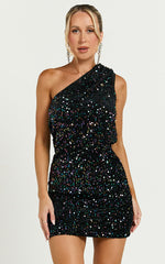 Lucy Mini Dress - One Shoulder Sequin Dress in Black